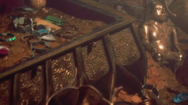A lavish treasure hoard glistens in a hidden chamber, showcasing piles of shiny coins and ornate artifacts. Colorful gems and mysterious relics create an enchanting sight.