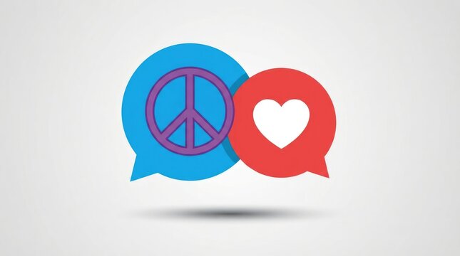 Two speech bubbles with a peace symbol and a heart icon, representing communication, love, and peaceful dialogue international day for tolerance
