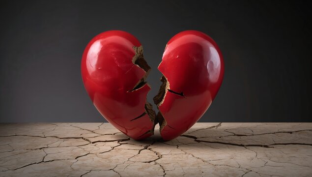 A symbolic representation of a broken heart, cracked and fractured on a dry, textured surface, conveying a sense of loss and heartbreak