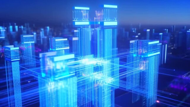Glowing data lines connect towers across a futuristic digital city network. Technology presentations, smart city campaigns, and telecommunications advertising.