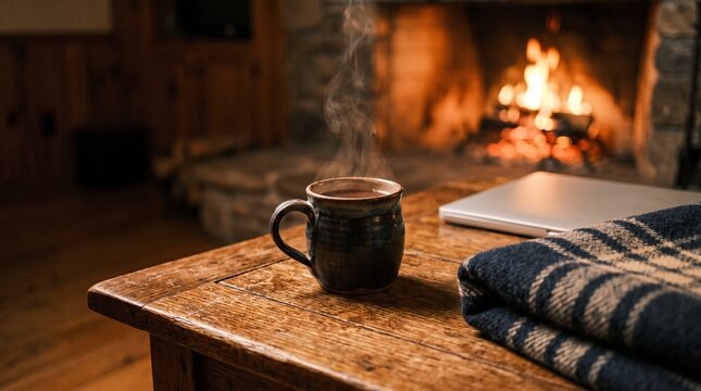 Steaming hot mug of coffee on a wooden table by a cozy fireplace.