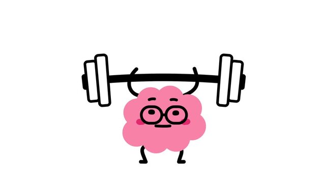 Animated flat doodle pink brain character in glasses lifting barbell. Strong smart mind exercising with heavy weight, hard work to success concept on white background