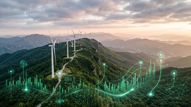 Wind turbines on mountain ridge with digital energy data overlay