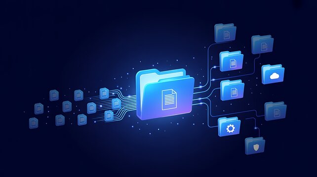 Digital folders connecting data streams in a blue glowing network with glowing nodes and circuits