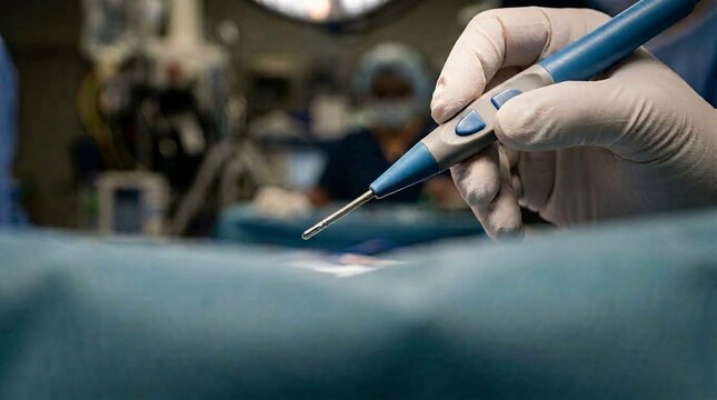 Detailed view of a gloved hand holding a cautery pen used for tissue cutting and hemostasis during a medical procedure.