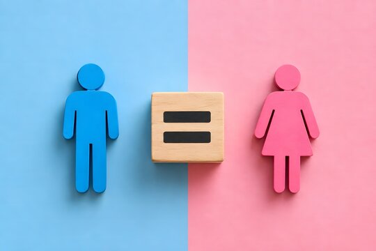 Gender equality concept represented by blue and pink human symbols separated by a wooden block featuring an equal sign, illustrating social balance and inclusion.