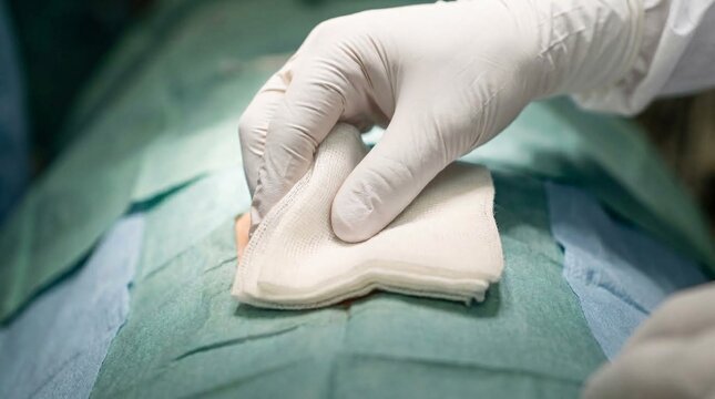 Close-up of a doctor pressing sterile gauze pads over a wound site on a draped patient to control bleeding or absorb fluids.