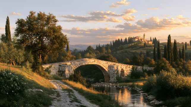 Pittura ad Olio di Paesaggio Toscano con Vigneti, Cipressi e Ponte Antico in Pietra al Tramonto, Ideale per Quadri da Parete e Promozione Turistica