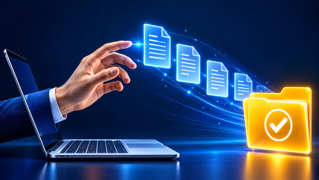 Digital document approval workflow featuring a hand emerging from a laptop organizing files into a completed folder