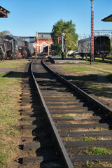 Railroad, steam locomotives and railcar. Museum complex of the locomotive depot Podmoskovnaya. Locomotive depot, railway in the city. © VLAD ANTONOV