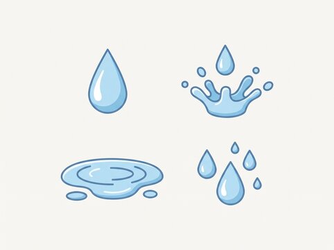 Cartoon vector illustrations showing various forms of water, including a single drop, a splash, a puddle, and multiple falling drops, all in a light blue color.