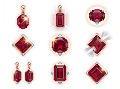Collection of nine exquisite ruby and rose gold jewelry pieces with various gemstone cuts and designs.