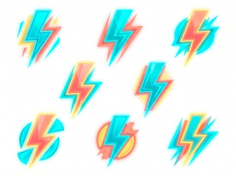 Collection of vibrant and stylized lightning bolt icons in various designs and color combinations on a white background.