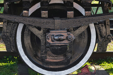 A fragment of the wheel mechanism of an old coal-fired boiler of a steam locomotive with valves. Shock absorber of a train wheel. Selective focus © VLAD ANTONOV