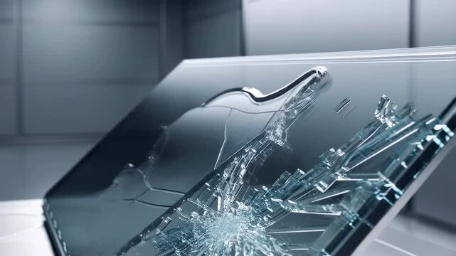 Angled digital screen shatters inside a futuristic technology environment. Cybersecurity presentations, data breach awareness campaigns, and technology risk communications.