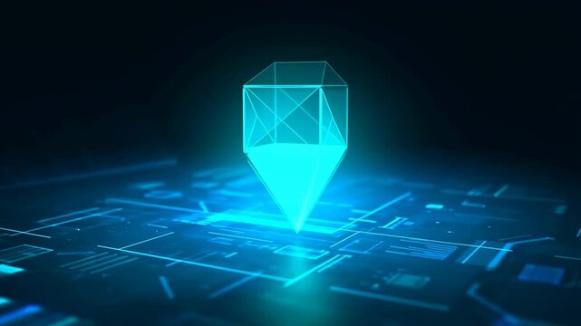 Glowing digital location marker hovering above a futuristic map interface. Mapping software presentation, navigation technology explainer, and location services advertising.