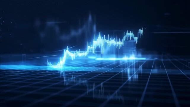 Rising financial chart across a glowing digital grid for market analysis. Financial presentations, investment analysis, and trading platform promotion.
