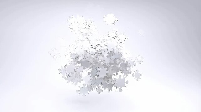 Interlocking puzzle pieces float and disperse in a bright minimal studio space. Business strategy presentations, teamwork and collaboration campaigns, and education content.