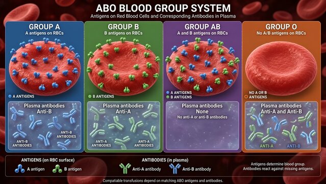 3d medical illustration of blood group model showing abo system with a, b, ab antigens and o with no antigens, plus zoomed inset of plasma antibodies like anti-a and anti-b
