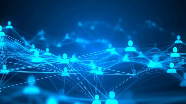 Connected human icons form a glowing digital network in an abstract blue technology space. Technology presentations, telecommunication advertising, and digital transformation campaigns.