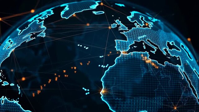 Rotating digital globe with glowing network connections in dark digital space. Technology presentations, telecommunications advertising, and cybersecurity education.