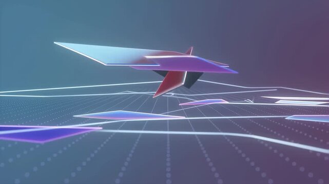 Floating geometric planes and neon lines shift above a digital grid in a futuristic space. Technology presentation, corporate innovation media, and digital product introduction.