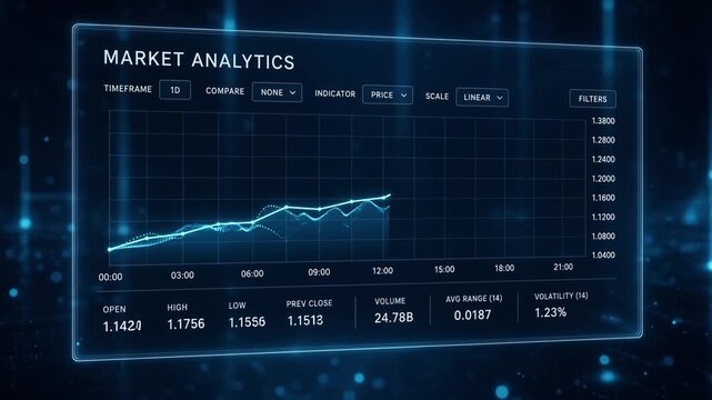 Futuristic digital interface with glowing graphs illustrating comprehensive financial market analysis and real-time trading data trends for strategic economic forecasting
