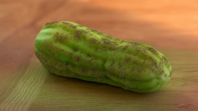 Aging cucumber decays on a wooden tabletop as its fresh green surface becomes wrinkled and deteriorated. Food safety education, food storage guidance, and food waste awareness campaigns.