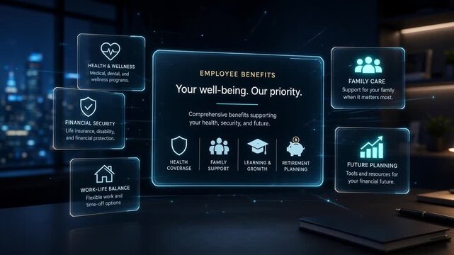 Futuristic hologram interface showcasing comprehensive employee benefits and well-being programs in a modern corporate office setting
