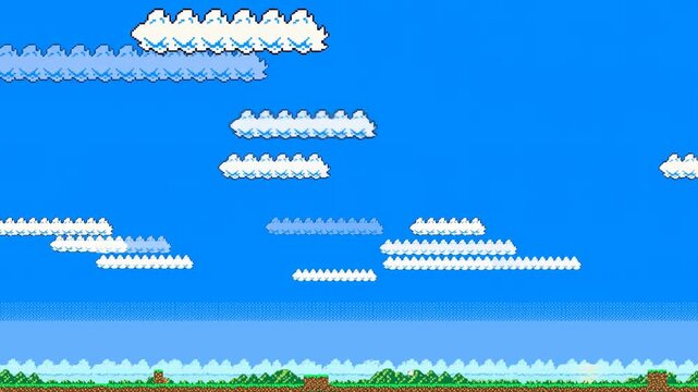 Pixel art sky with horizontally scrolling clouds above a distant green horizon. Game development, platformer environment design, and retro gaming content.