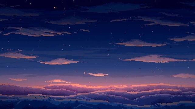 Pixel art sunset landscape animates across a twilight sky with clouds, stars, and a glowing horizon. Game environment design, animated wallpaper, and ambient relaxation media.