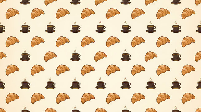 Seamless pattern background with delicious croissants and hot cups of coffee.