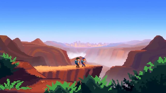 Two pixel-art adventurers explore a canyon overlook beneath layered mountain ranges. Game trailer, indie game promotion, and adventure game marketing.