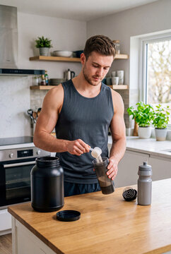 Young athletic man preparing pre-workout supplement powder in shaker bottle in modern kitchen