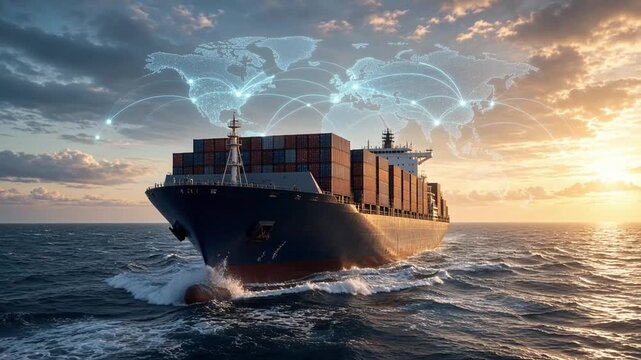 Large container cargo ship sailing on the ocean at sunset with a digital world map overlay representing global shipping and logistics network