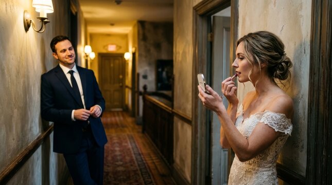 A bride applies lipstick in a mirror while her groom watches her with love.