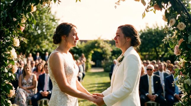 Two brides stand holding hands and crying tears of joy during their outdoor wedding.