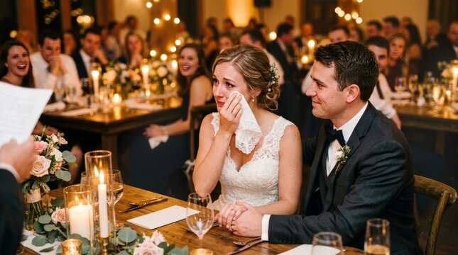 The emotional bride wipes her tears while the groom holds her hand during dinner.