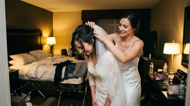 A woman helps the beautiful bride put on a white veil in her room.