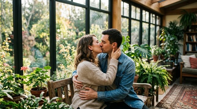 A happy couple sits on a wooden bench and kisses in a greenhouse.