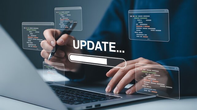 Person updating software on laptop with progress bar and code snippets in a modern office setting