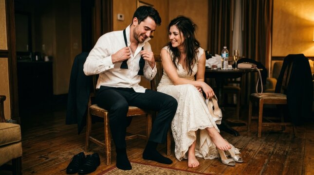 A happy bride and groom sit together while getting ready for their wedding day.