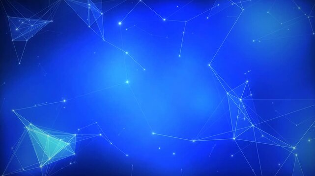 Abstract network of glowing lines and nodes forming geometric shapes on a deep blue gradient background