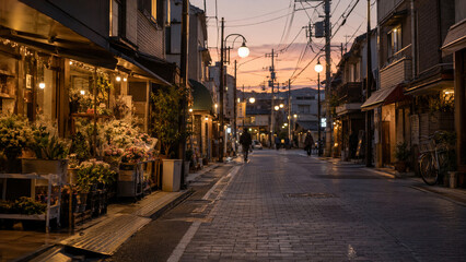 Fototapeta premium Everyday Life in a Japanese Local Neighborhood at Sunset