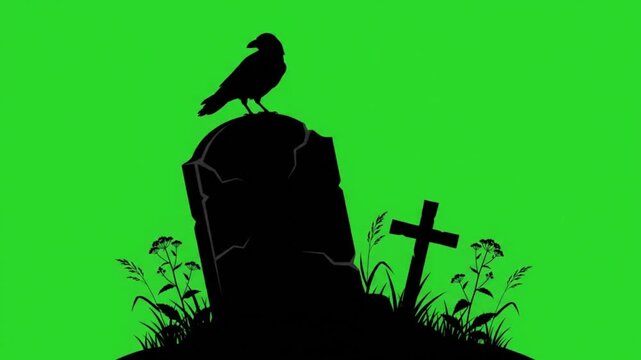 Cemetery tombstone silhouette with crow 4k green screen for halloween.