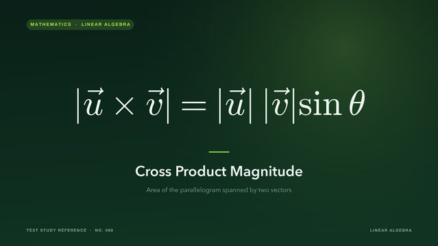 Cross product magnitude formula for linear algebra on dark green background