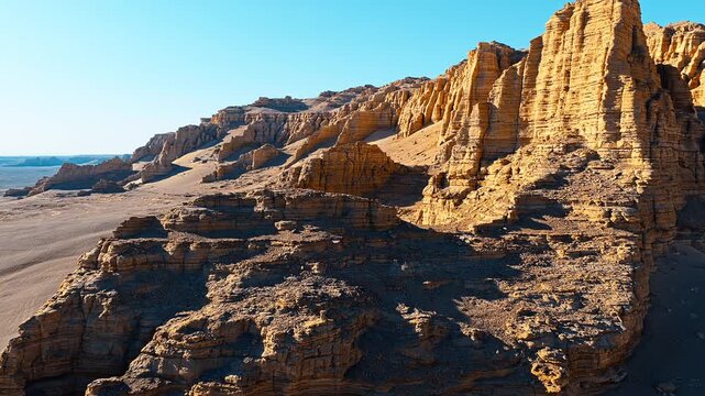 Massive yardang rock formations rise sharply from the arid desert sand under a bright clear sky in Dahaidao, Xinjiang.