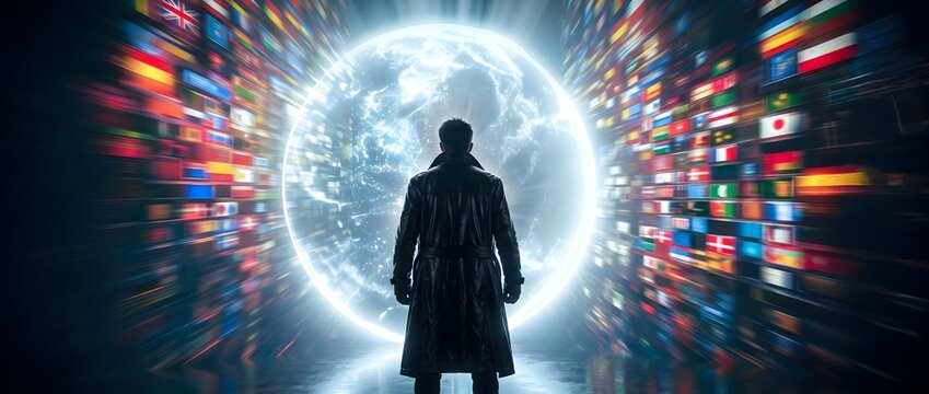 Man in trench coat views glowing digital globe with blurred world flags, symbolizing global data connection