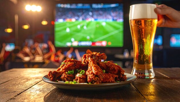 Crispy chicken wings and cold beer enjoyed during an exciting football game in a lively sports bar 