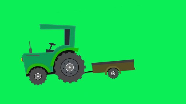 Cartoon tractor drives forward on green screen, showing a farm tractor with a rear trailer; useful for marketing, broadcast, production, backgrounds, advertising, storytelling, and presentations.